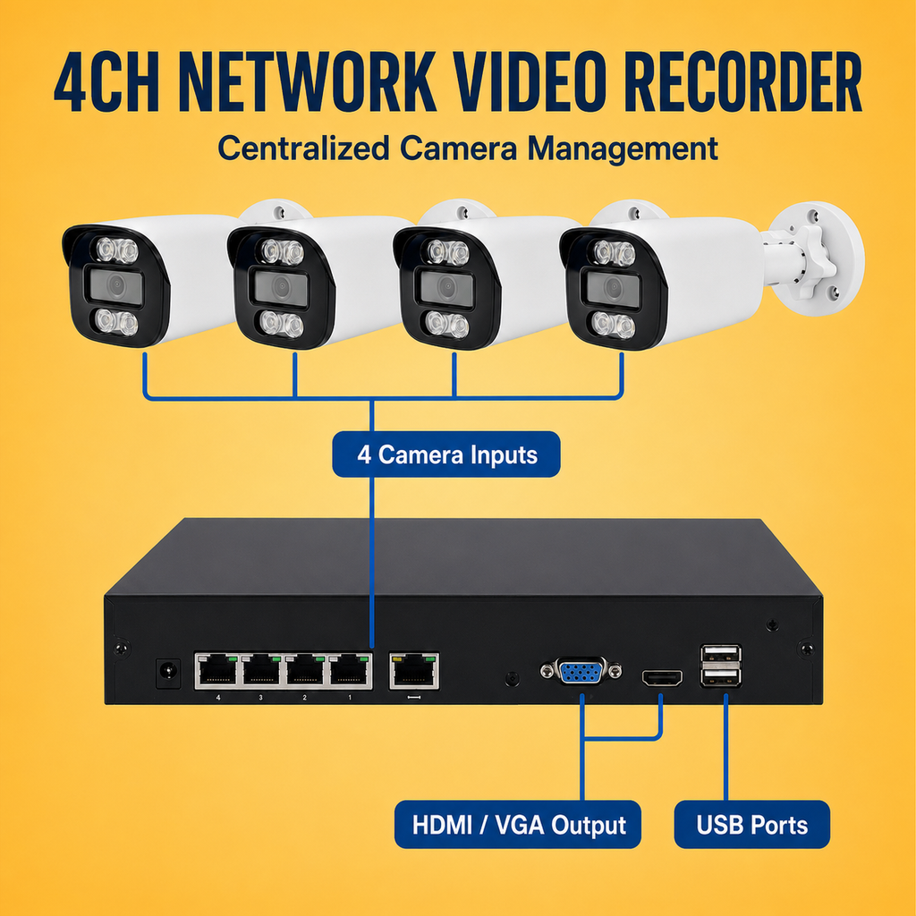 Four-channel network video recorder with camera inputs HDMI VGA and USB ports