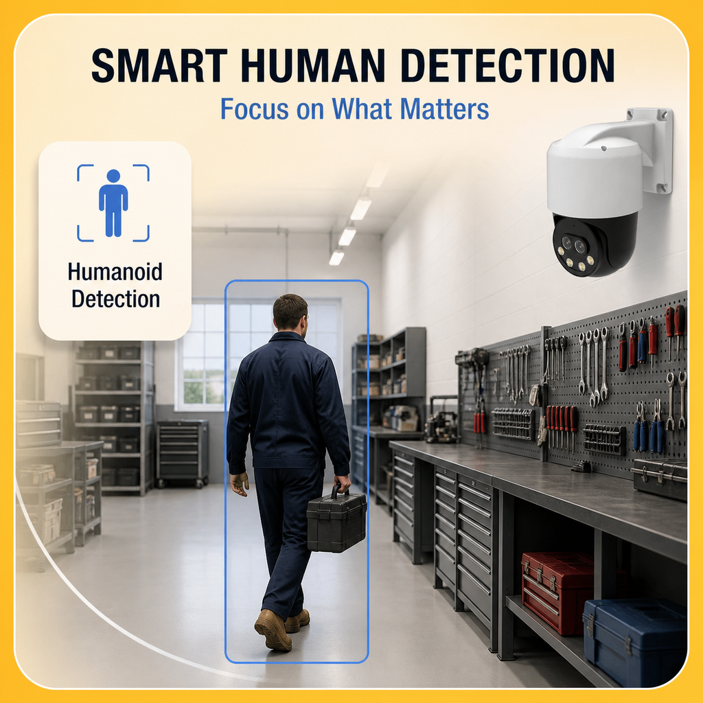 IP PTZ camera detecting a person in a commercial workshop