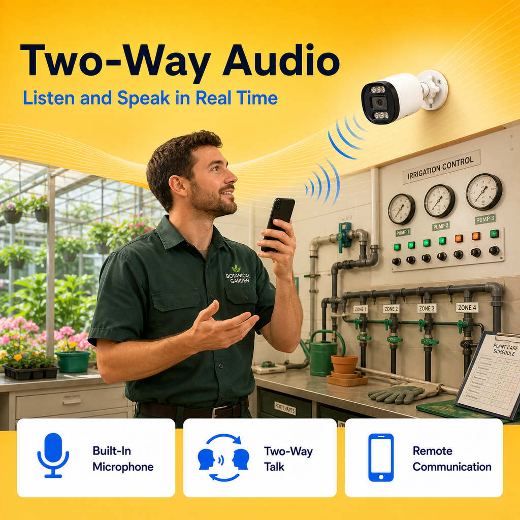Two-way audio feature enabling live communication through the security camera
