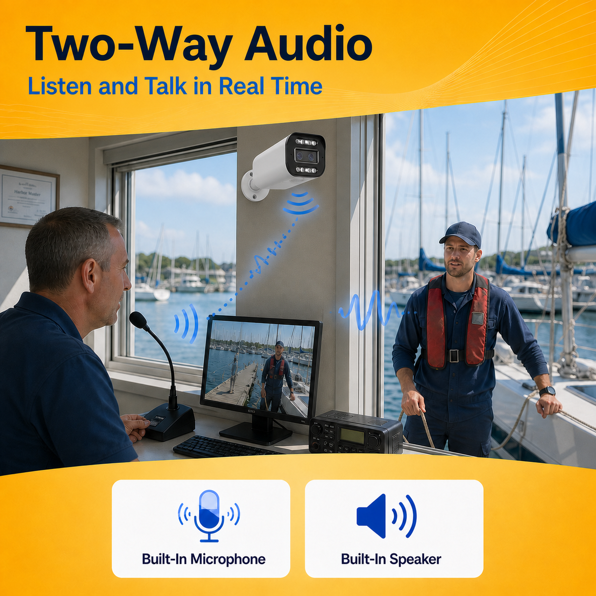 Two-way audio feature enabling live voice communication through the camera