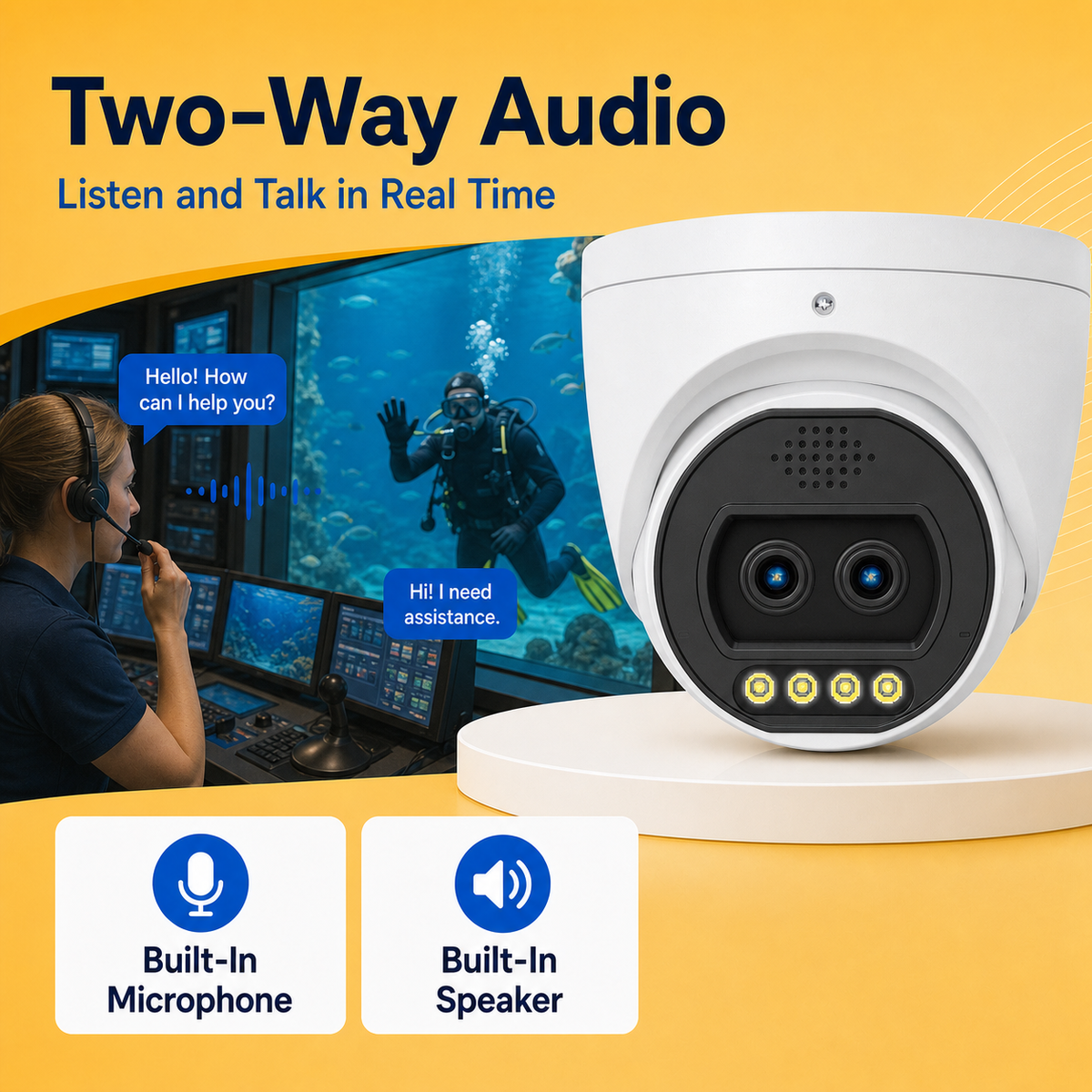Two-way audio communication connecting users with people near the camera