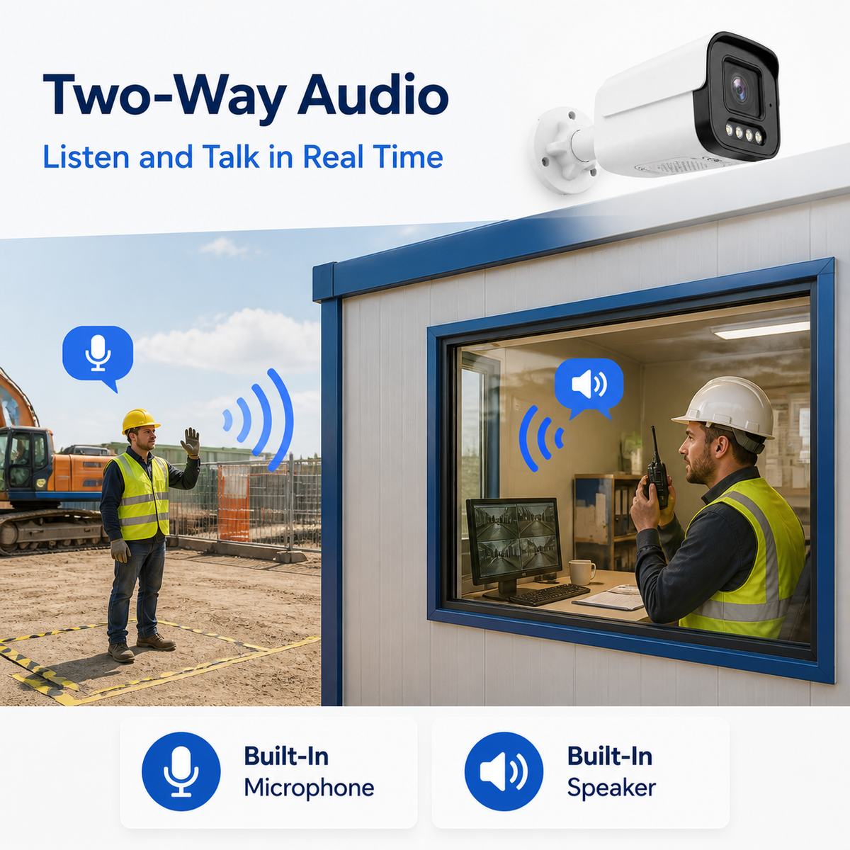 Two-way audio security feature enabling live voice communication