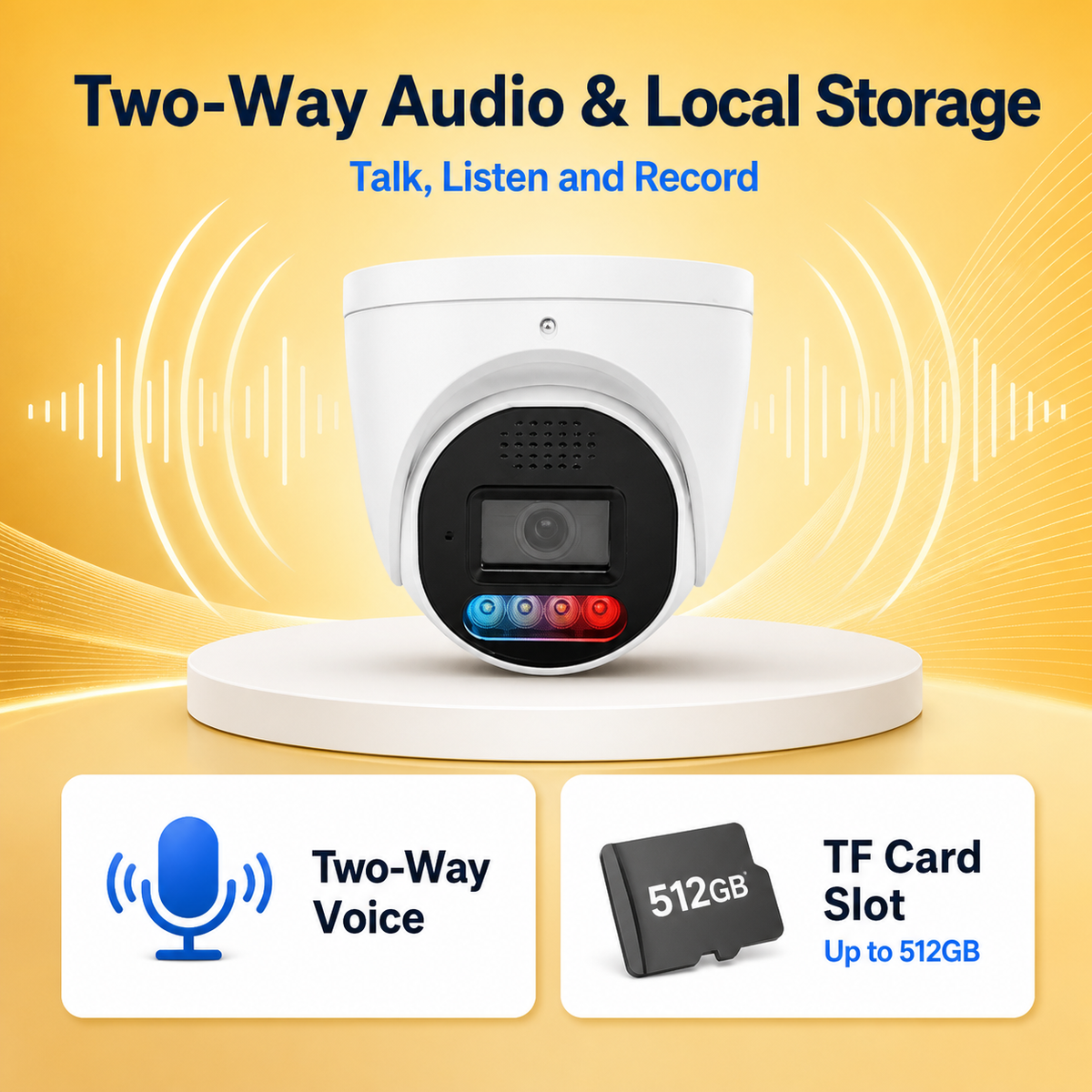 Two-way audio security camera with TF card storage support up to 512GB
