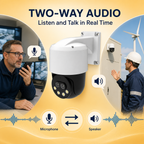 Two-way audio IP PTZ camera connecting a facility manager and maintenance worker