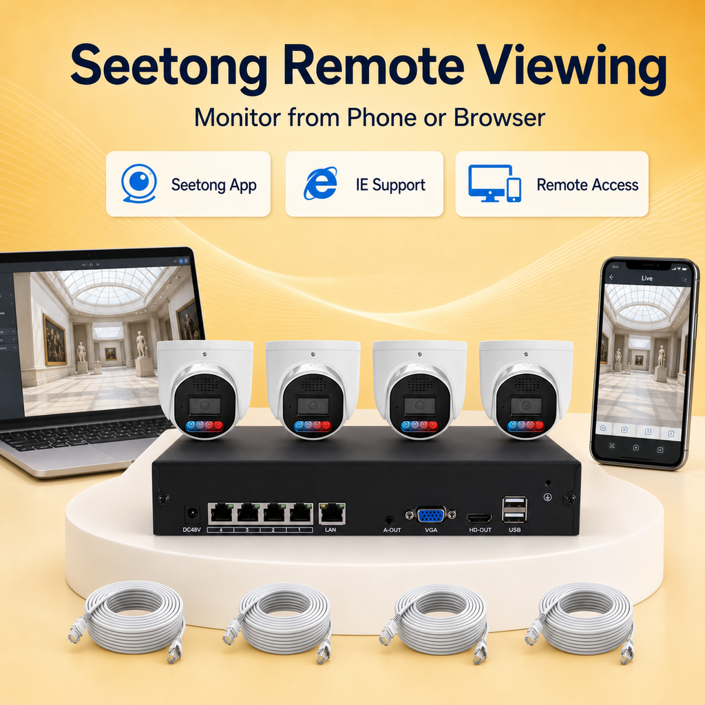 Seetong remote viewing on phone and browser with four-channel PoE camera kit