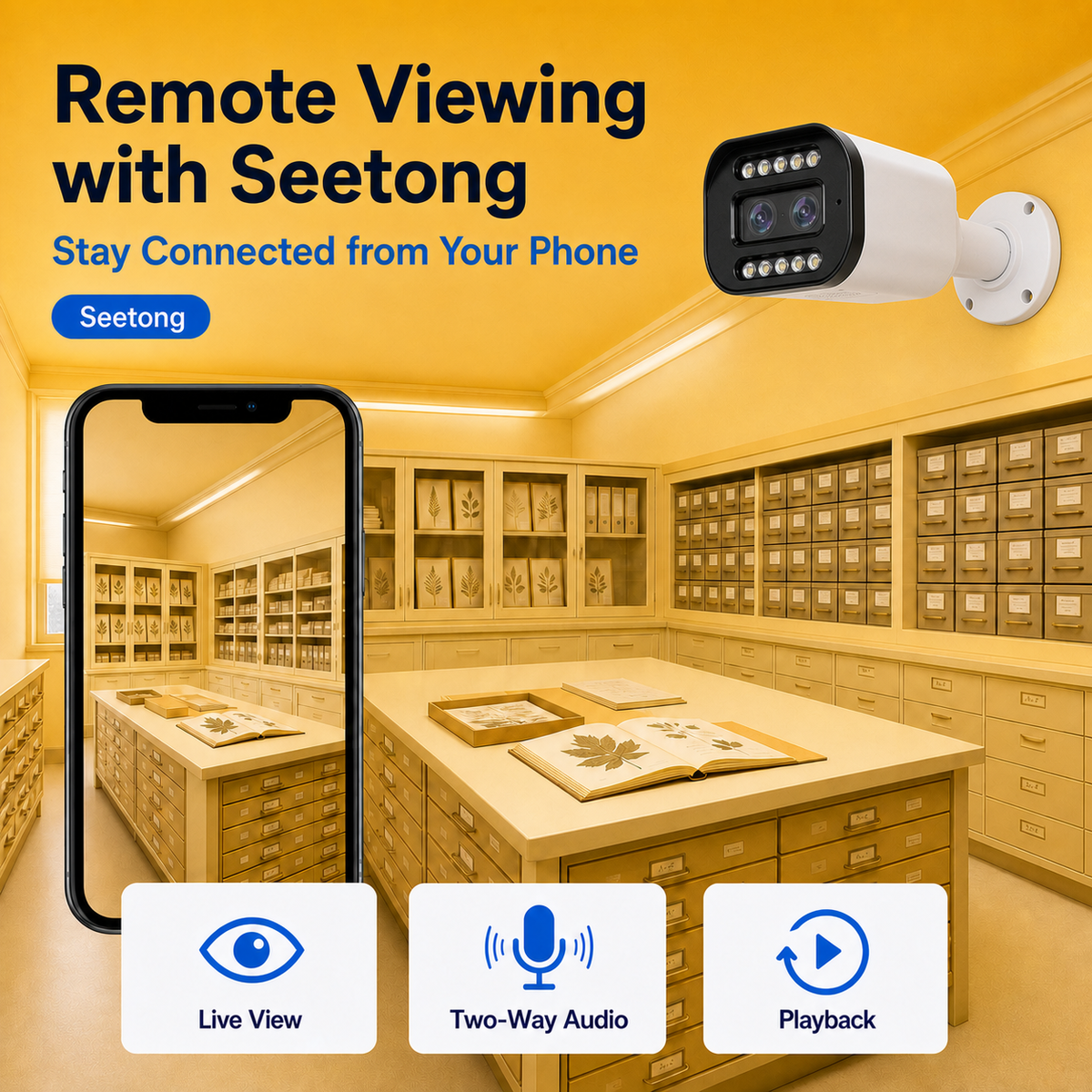 Seetong mobile app showing remote live viewing for the dual-camera system