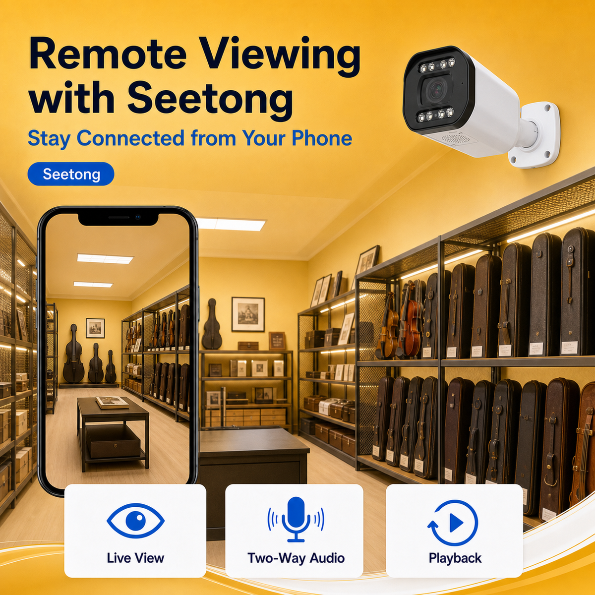Seetong mobile app showing remote live viewing for the dual-camera system