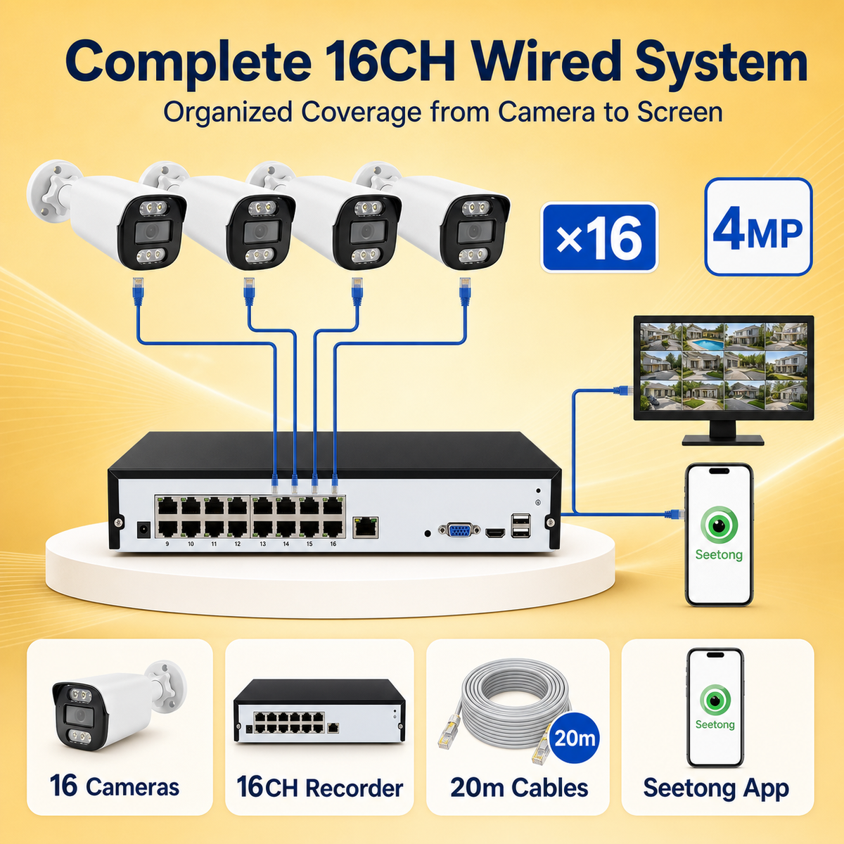 YGH-TST16CIFNP-4MP-16CH 4MP 16-Channel Wired IP Camera System