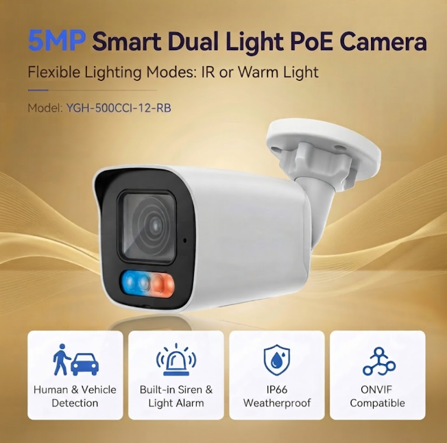 YGH-500CCI-12-RB 5MP PoE IP bullet camera with dual light, alarm, IP66 and ONVIF features