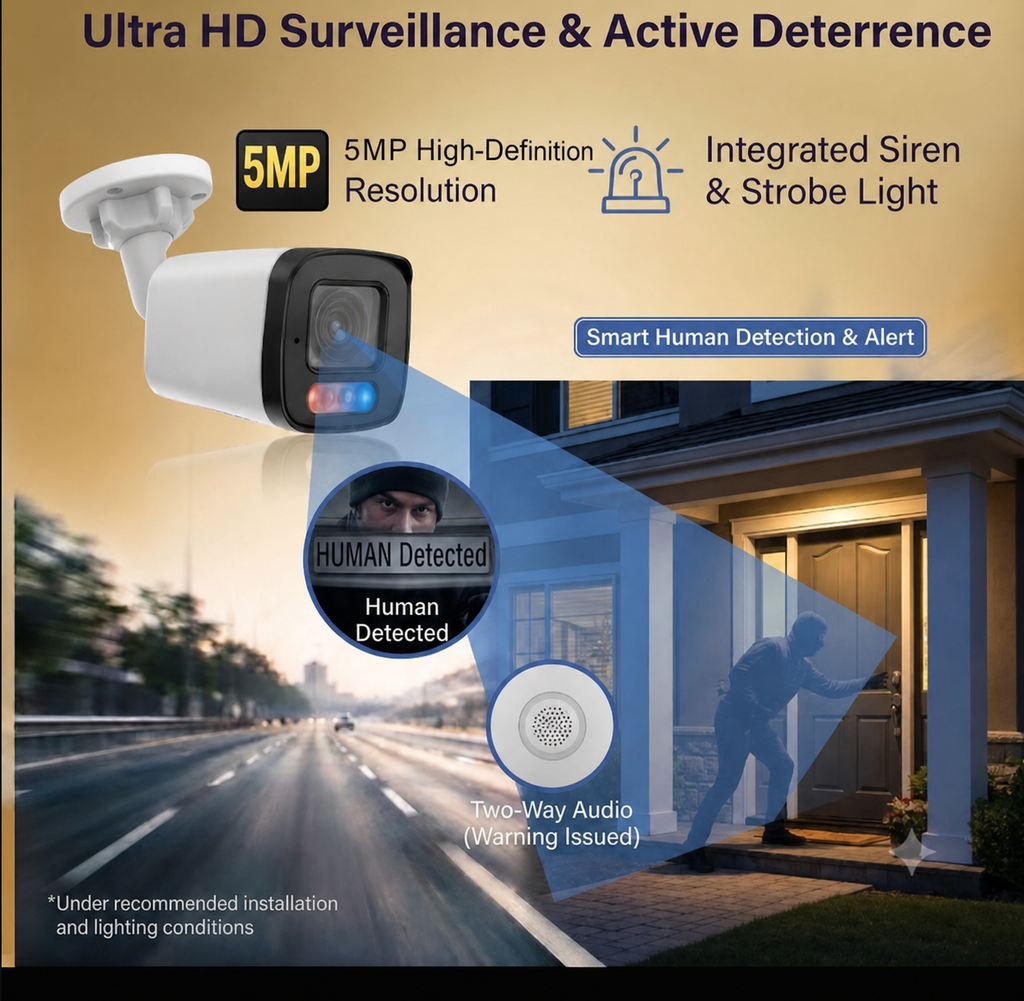 YGH 5MP PoE IP bullet camera with human detection, siren, strobe light and two-way audio
