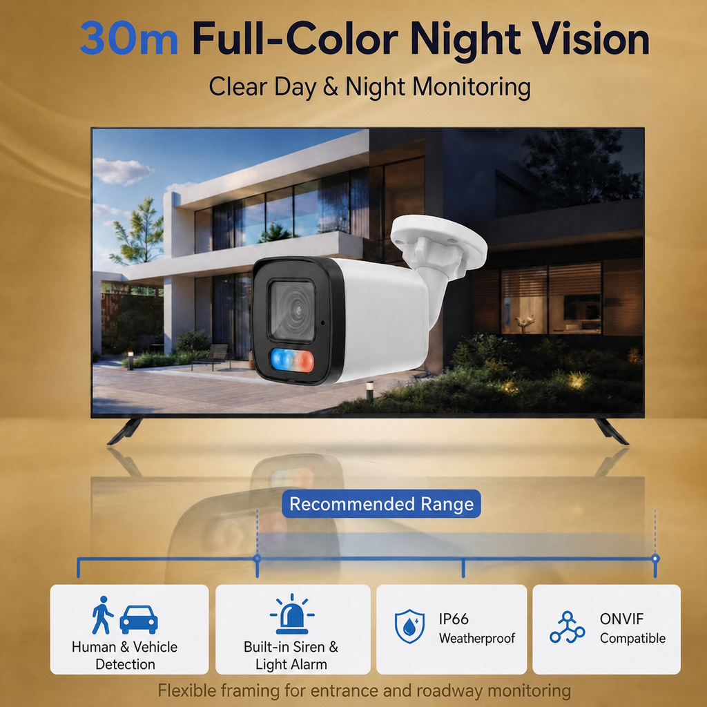 YGH 5MP full-color PoE IP bullet camera with 30m night vision for outdoor security